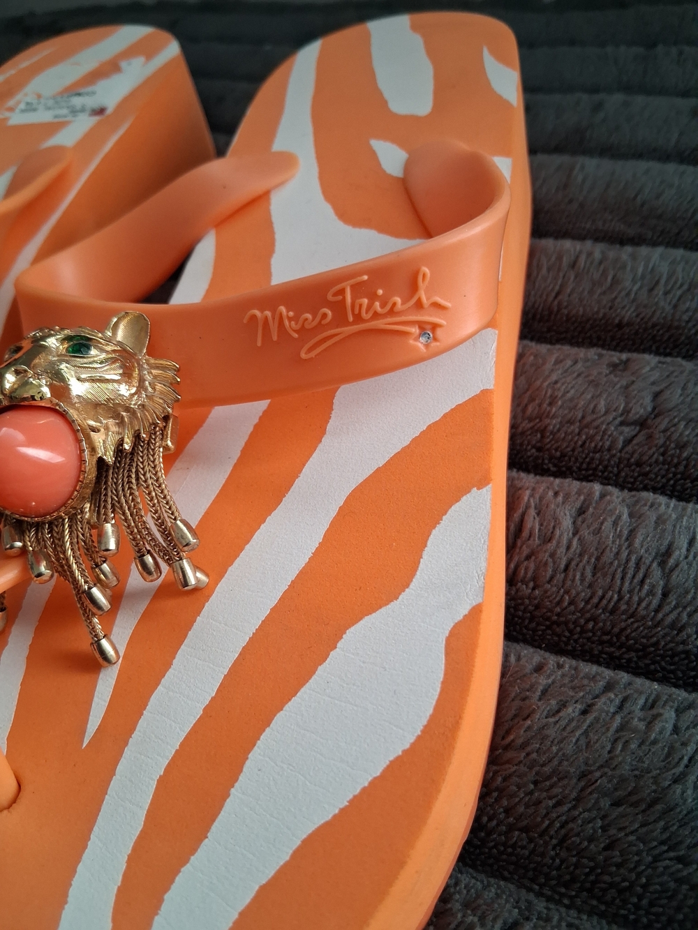 Miss Trish Orange Zebra Print Wedge Flip Flops